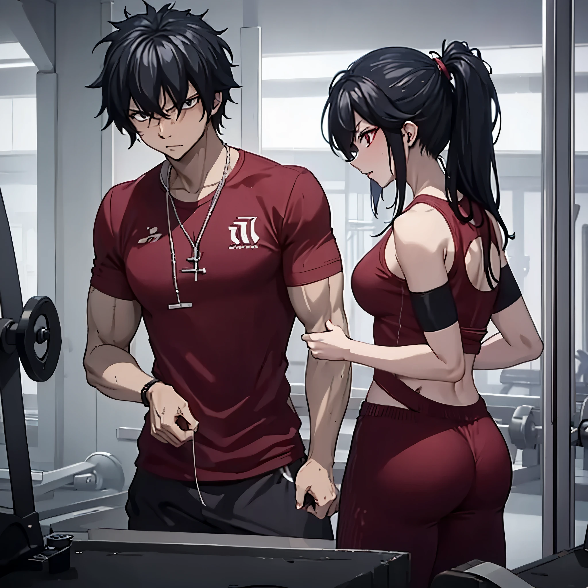 Anime couple in gym wear standing in front of mirror - SeaArt AI