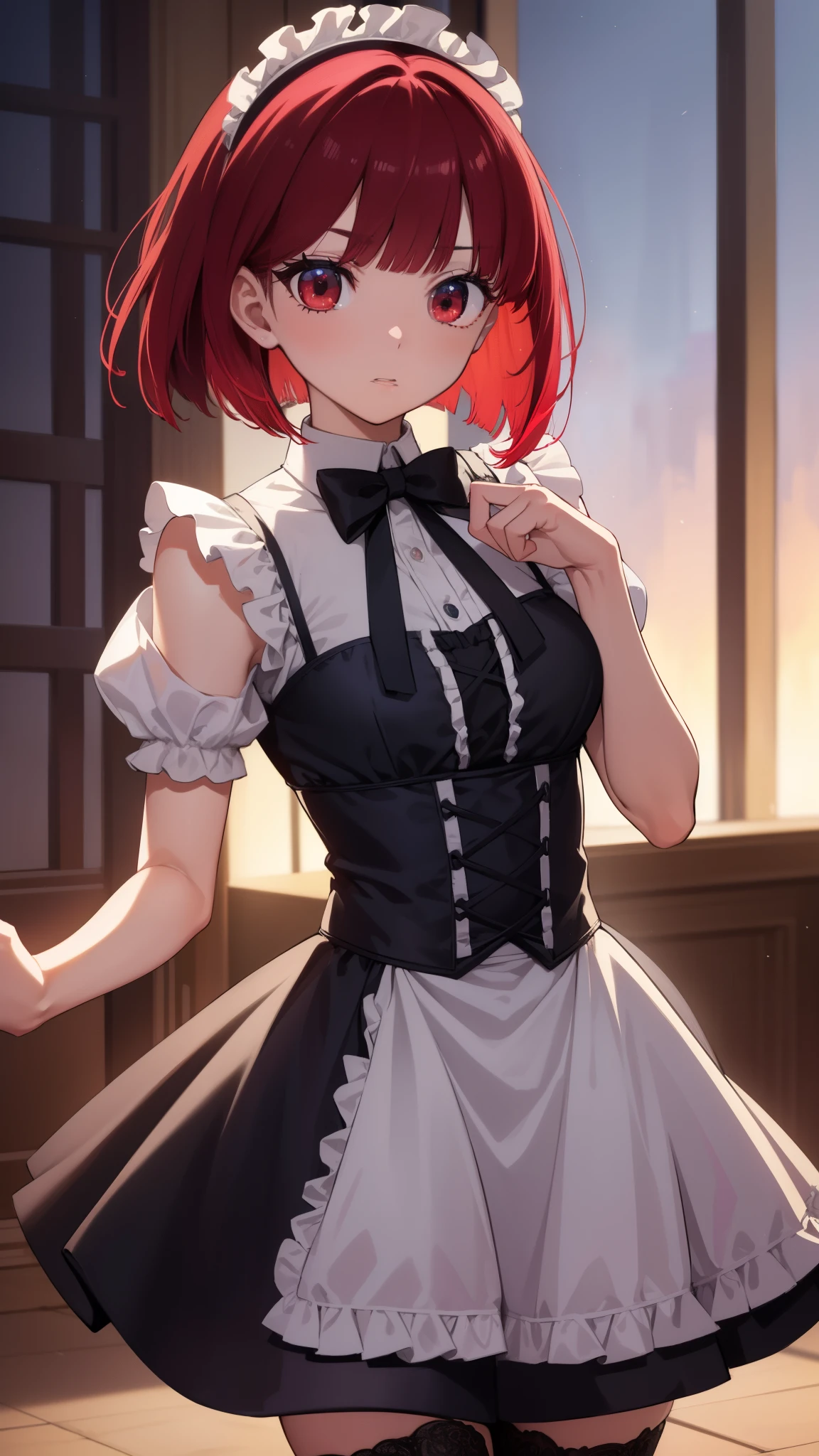 Arima maybe, Arima maybe, bob cut, (red eyes:1.5), redhead, short hair, , Maid clothes,ruffle skirt，Gothic Lolita，hair in the wind，garter belt、thighs，
break looking at viewer,
break indoors, mansion,
break (masterpiece:1.2), highest quality, High resolution, unity 8k wallpaper, (shape:0.8), (beautiful and detailed eyes:1.6), highly detailed face, perfect lighting, Very detailed CG, (perfect hands, perfect anatomy),