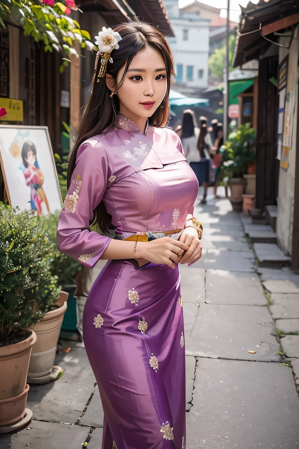 A graceful woman stands proudly in a traditional Myanmar outfit, symbolizing the rich heritage and cultural traditions of the country. She is adorned in a vibrant longyi, a traditional sarong-like garment, intricately woven with colorful patterns and motifs that represent the unique identity of Myanmar. The longyi drapes gracefully around her waist, flowing down to her ankles, showcasing the exquisite craftsmanship and attention to detail. Paired with a traditional blouse, the ensemble reflects the elegance and grace of Myanmar's traditional attire. Her hair is styled in a traditional manner, adorned with flowers or accessories that add a touch of authenticity to her look. The setting is chosen to enhance the beauty of Myanmar's culture, such as a serene temple courtyard or a vibrant marketplace filled with local handicrafts. This scene is captured in a respectful and culturally appreciative manner, celebrating the lady's traditional Myanmar outfit and honoring the country's rich cultural heritage