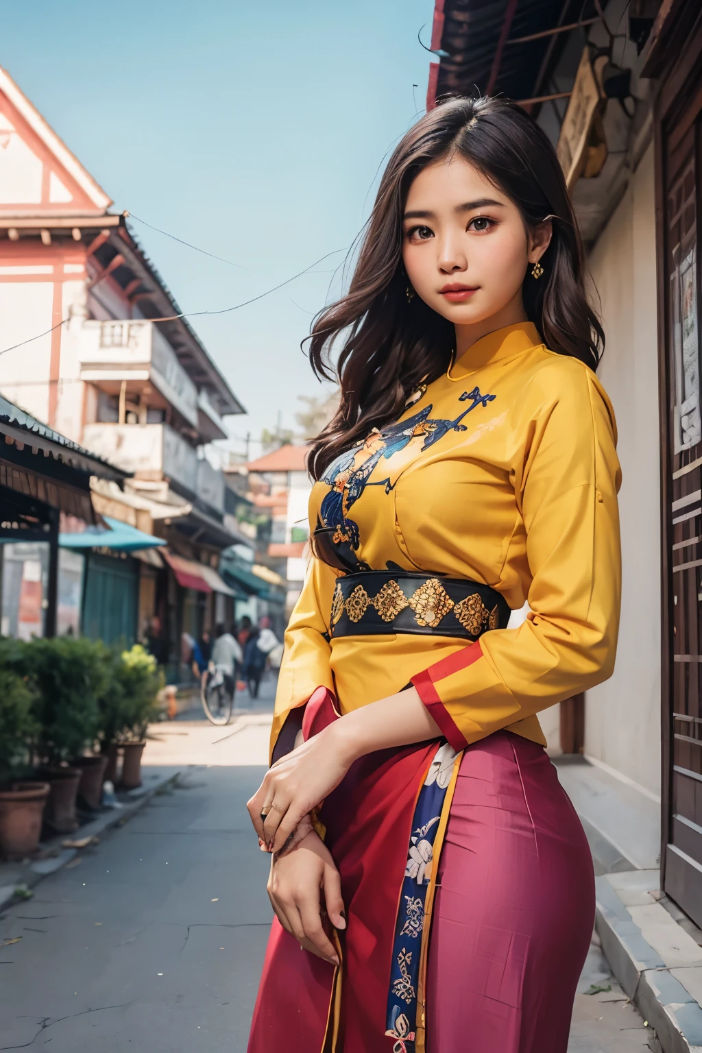 A graceful woman stands proudly in a traditional Myanmar outfit, symbolizing the rich heritage and cultural traditions of the country. She is adorned in a vibrant longyi, a traditional sarong-like garment, intricately woven with colorful patterns and motifs that represent the unique identity of Myanmar. The longyi drapes gracefully around her waist, flowing down to her ankles, showcasing the exquisite craftsmanship and attention to detail. Paired with a traditional blouse, the ensemble reflects the elegance and grace of Myanmar's traditional attire. Her hair is styled in a traditional manner, adorned with flowers or accessories that add a touch of authenticity to her look. The setting is chosen to enhance the beauty of Myanmar's culture, such as a serene temple courtyard or a vibrant marketplace filled with local handicrafts. This scene is captured in a respectful and culturally appreciative manner, celebrating the lady's traditional Myanmar outfit and honoring the country's rich cultural heritage