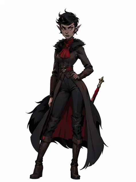 full body portrait, 1girl, short combed hair, pixie cut, combed hair, forehead, drow, fur coat, red ascot, high collar, solo, blank background, white background, outside, gothic fantasy art, long pointy ears, high laced boots, mace, flat-chested, angsty