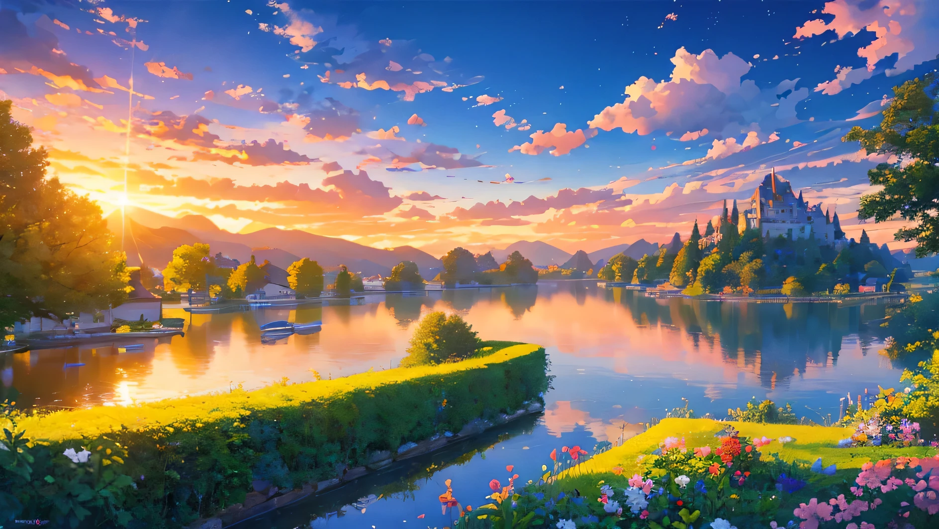 beautiful castle romantic lake and sunset sky orange and red with clouds and stars, it's a valley with a castle, a lake with flowers and roses