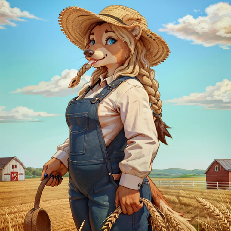 Closeup of a A feminine Muscular 7 foot tall spirit grizzly with long black claws and bright tan colored fur, blue eyes, and long viking braid down his back. Wearing overalls, a farmer's hat with a piece of wheat in her mouth. Standing in farm fields during the daytime. Alone by herself