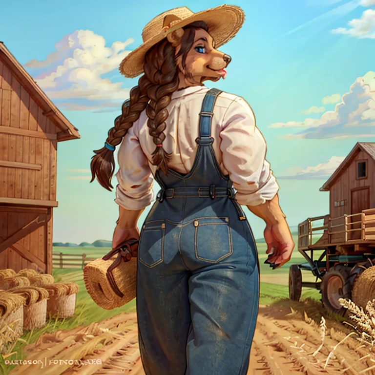 Closeup of a A feminine Muscular 7 foot tall spirit grizzly with long black claws and bright tan colored fur, blue eyes, and long viking braid down his back. Wearing overalls, a farmer's hat with a piece of wheat in her mouth. Standing in farm fields during the daytime. Alone by herself