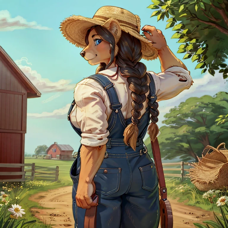 Closeup of a A feminine Muscular 7 foot tall spirit grizzly with long black claws and bright tan colored fur, blue eyes, and long viking braid down his back. Wearing overalls, a farmer's hat with a piece of wheat in her mouth. Standing in farm fields during the daytime. Alone by herself