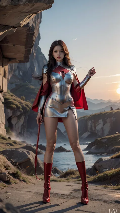 Woman in red silver dress, ((stand)), ((Fight monsters)), beautiful armor, very detailed, red white armor girl, exquisite jewelr...