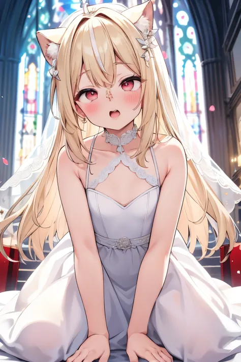 {{{masterpiece}}}, {{{best quality}}}, {{ultra-detailed}}, {nsfw}, {{an extremely delicate and beautiful、 beautiful detailed eyes}},((nose hook))blonde、half up、red eyes、small curve 1.2、cute 、Wedding dress、church background、Crouching、ahegao:1.5、trembling:1....
