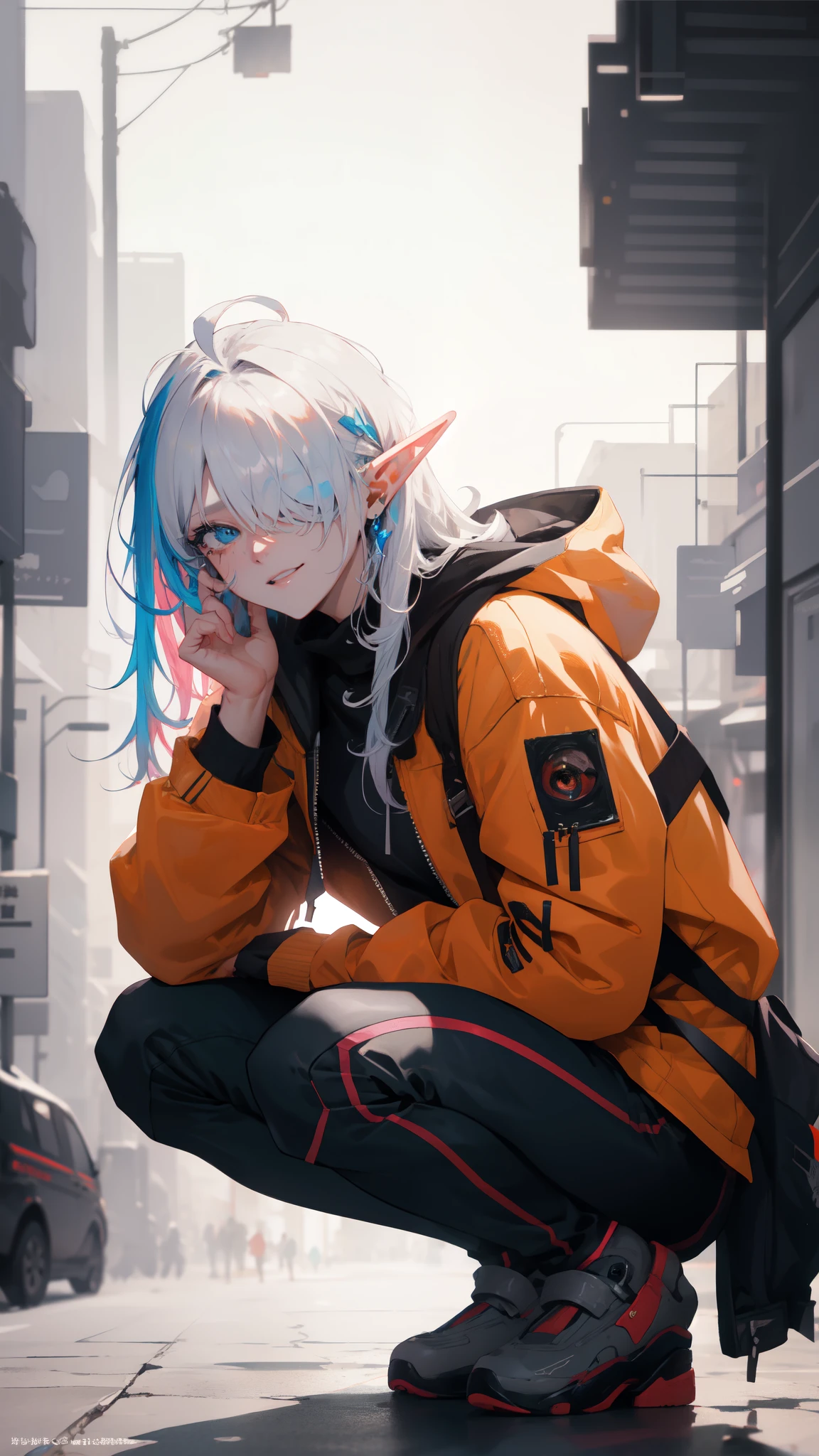 ((masterpiece )), (top quality), (best quality), ((ultra-detailed, 8k quality)), Aesthetics, Cinematic lighting, (detailed line art), absurdres, (best composition), (high-resolution), Watercolor wash painting, muted colors, warm colors, best quality, delicate brushwork,
BREAK,
Beauty cyberpunk elf girl，Confident elf girl, wear uniform, orange jacket, white and yellow techwear clothing, yellow and black safety tapes, Simon Bisley style, squatting, (At the bus stop, downtown, Cyberpunk dazzling cityscape, crowded), (depth of field:1.2), (blurry background:1.2), Anime painting, Detailed Cloth Texture, Intricate details, artstation, brush stroke illustration in cyberpunk style by Yoji Shinkawa, by Mikimoto Haruhiko, 
BREAK,
highly detailed of (elf), (1girl), solo, perfect face, details eye, ahoge, ((long hair:1.2)), (hair over one eye:1.3), [[Messy hair]], shiny blonde white hair, blue eyes, multicolored hair, facial marks, (eyelashes, eyeshadow, pink eyeshadow), smile, design art by Mikimoto Haruhiko, by Kawacy, By Yoshitaka Amano,
BREAK, 
((perfect anatomy)), perfect body, medium breast, (extremely detailed finger), best hands, perfect face, beautiful face, beautiful eyes, perfect eyes, (perfect fingers), correct anatomy, 
