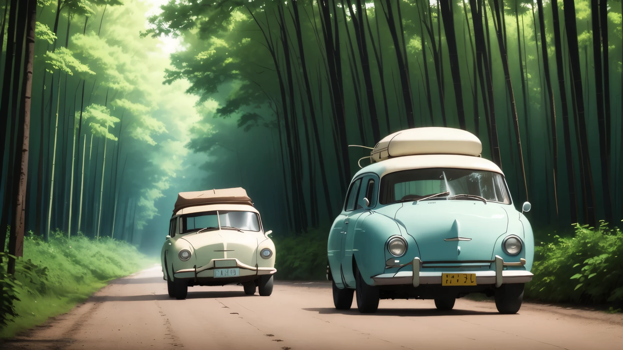 in the forest、summer sky、straight road、blue sky、１retro car、white color car、Stretching、vacation、adventure、luggage on the roof、masterpiece、Super high quality photo quality