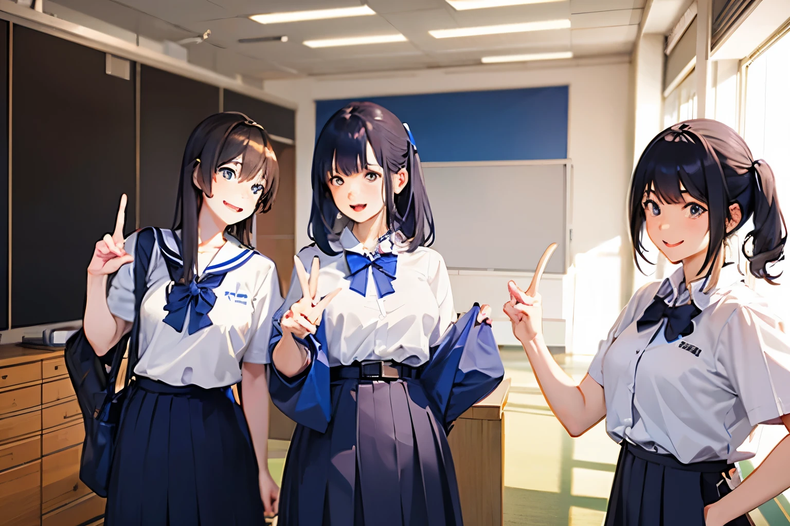 In a high school classroom in Japan４A female student stands with a peace sign,smile,The color of the ribbon on the chest is blue,The color of the skirt is dark blue