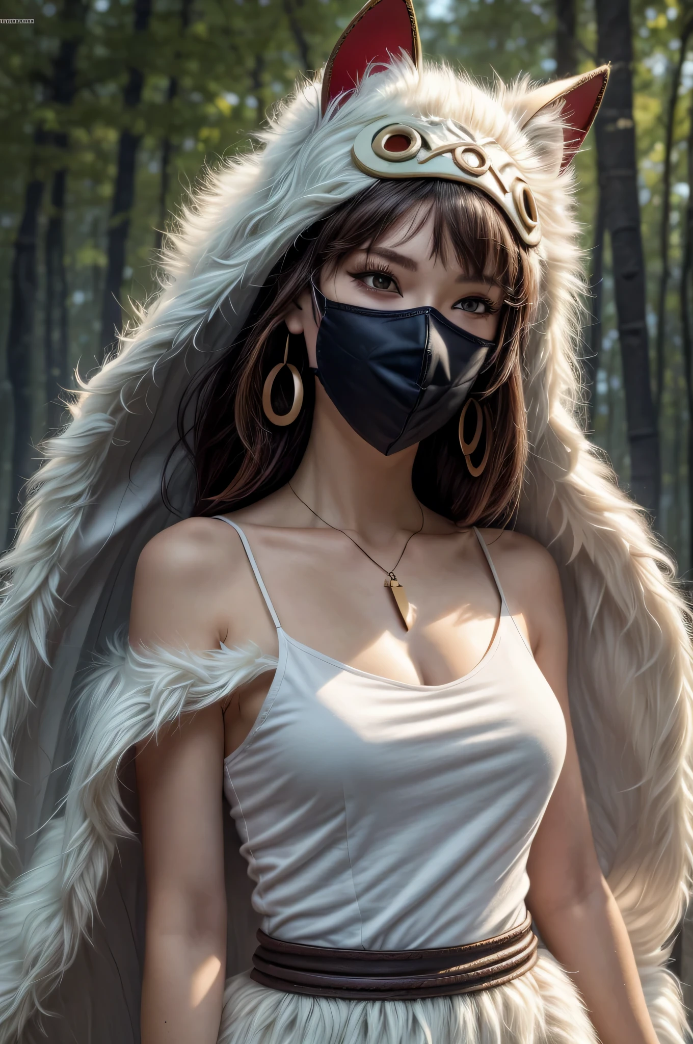 official art, unity 8k wallpaper, Super detailed, beautiful, beautiful, masterpiece, highest quality, brown hair, mononoke inspired, Gweiz, Gweiz on artstation pixiv, Gweiz on pixiv artstation, mononoke, furry fantasy art, face paint, Mask on the head, fur, head band, earrings, tooth necklace, clavicle, bare shoulders, bare arms, armband, fur cloak