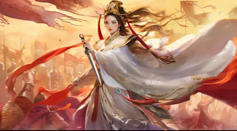 Three Kingdoms game animation girl, Beautiful delicate features, side face looking at the camera, fairy, anime epic artwork, adv...