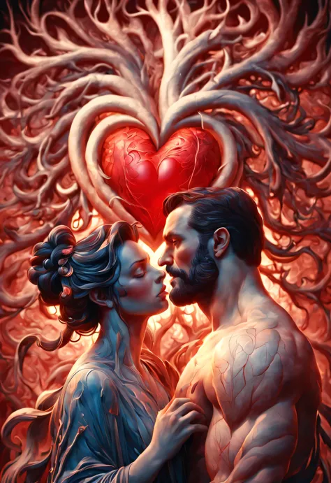 （Man giving woman huge glowing red heart），（There is a beautiful eye in the red heart：1.3）（Clear anatomy，A heart glowing red beats in the center of the picture.：0.85），（A man and a woman hugging each other face to face，Sharing a huge heart），Black light art，s...