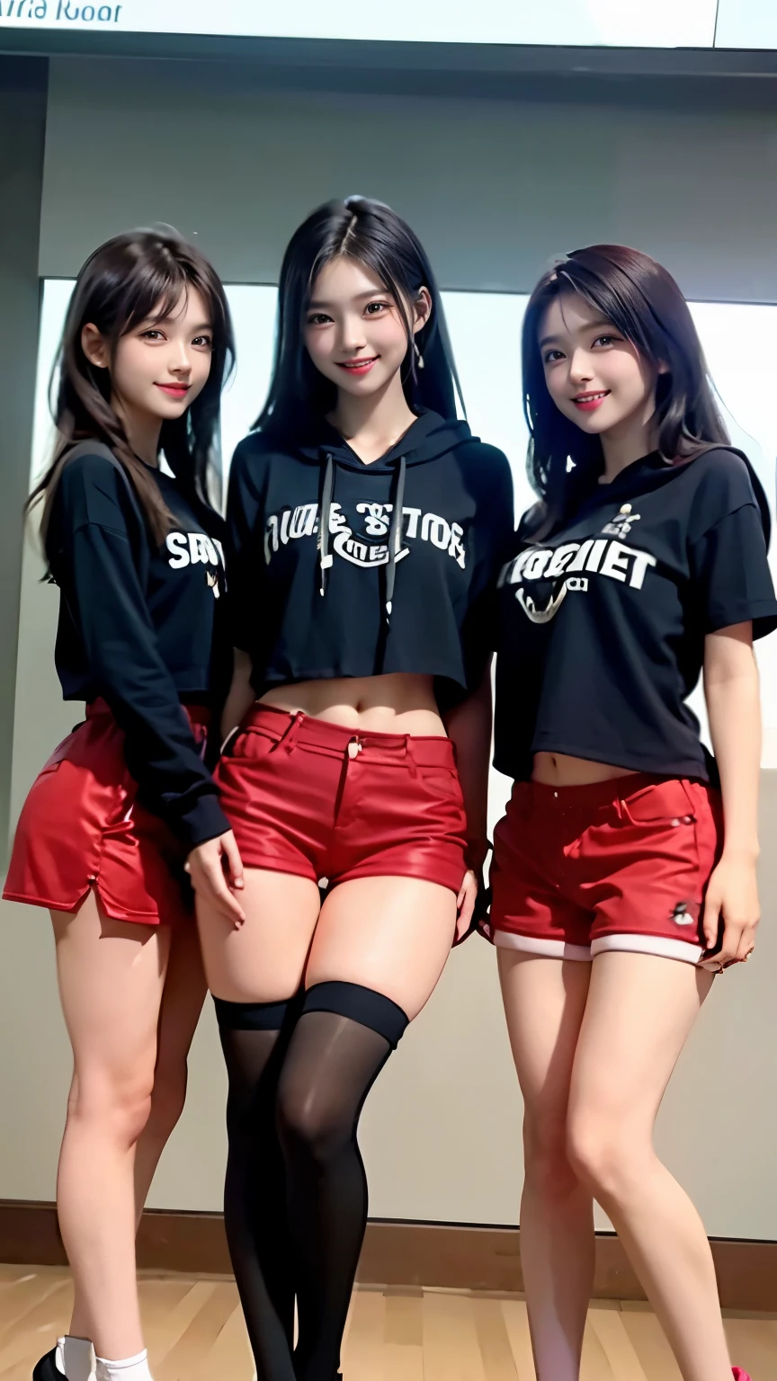 Three asian girls in short skirts and black tops posing for a picture -  SeaArt AI