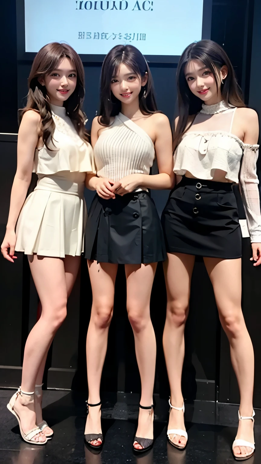 Three girls in short skirts posing for a picture in front of a screen -  SeaArt AI