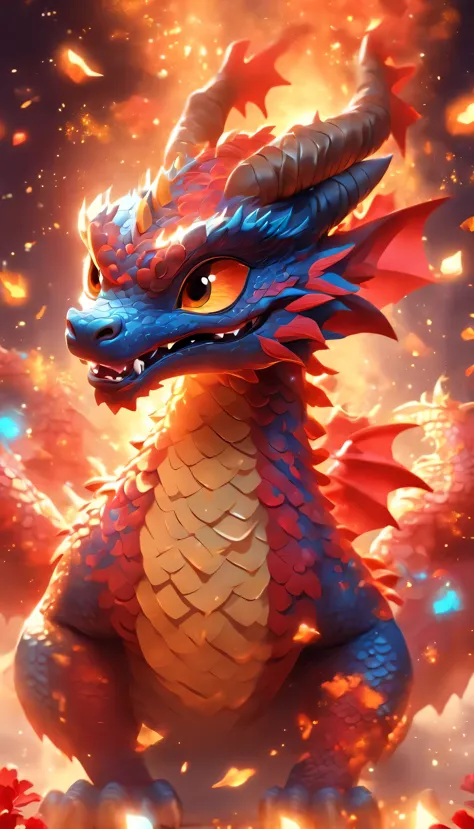 Chinese cartoon dragon baby, gold red blue dragon, lunar New Year, nobody，Red, Milky Way，fireworks，Pixar，Japanese anime，Cartoonish，