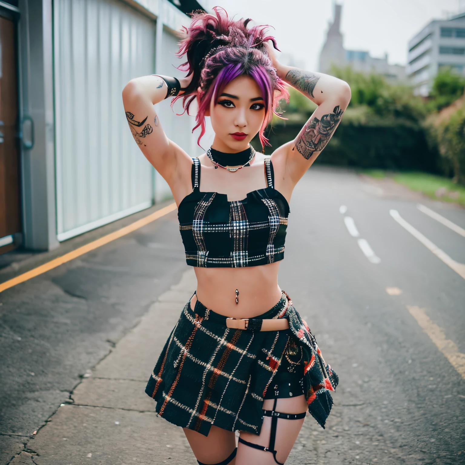 1fille, 23 ans, tenue punk, les cheveux sauvages, tatouages, Minijupe à carreaux, haut court, résistant_urbain