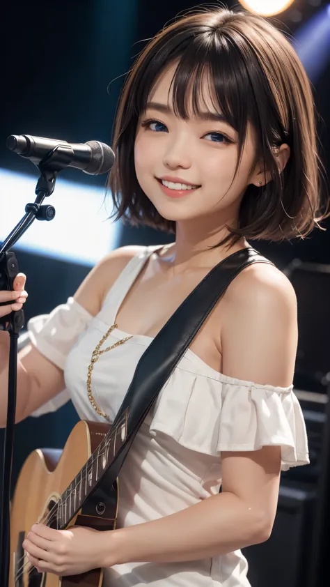 Diva in Japanese clothes、cute singer、Brown hair bob cut、blue eyes、smile、girl singing happily、Live venue background、Enka singer、