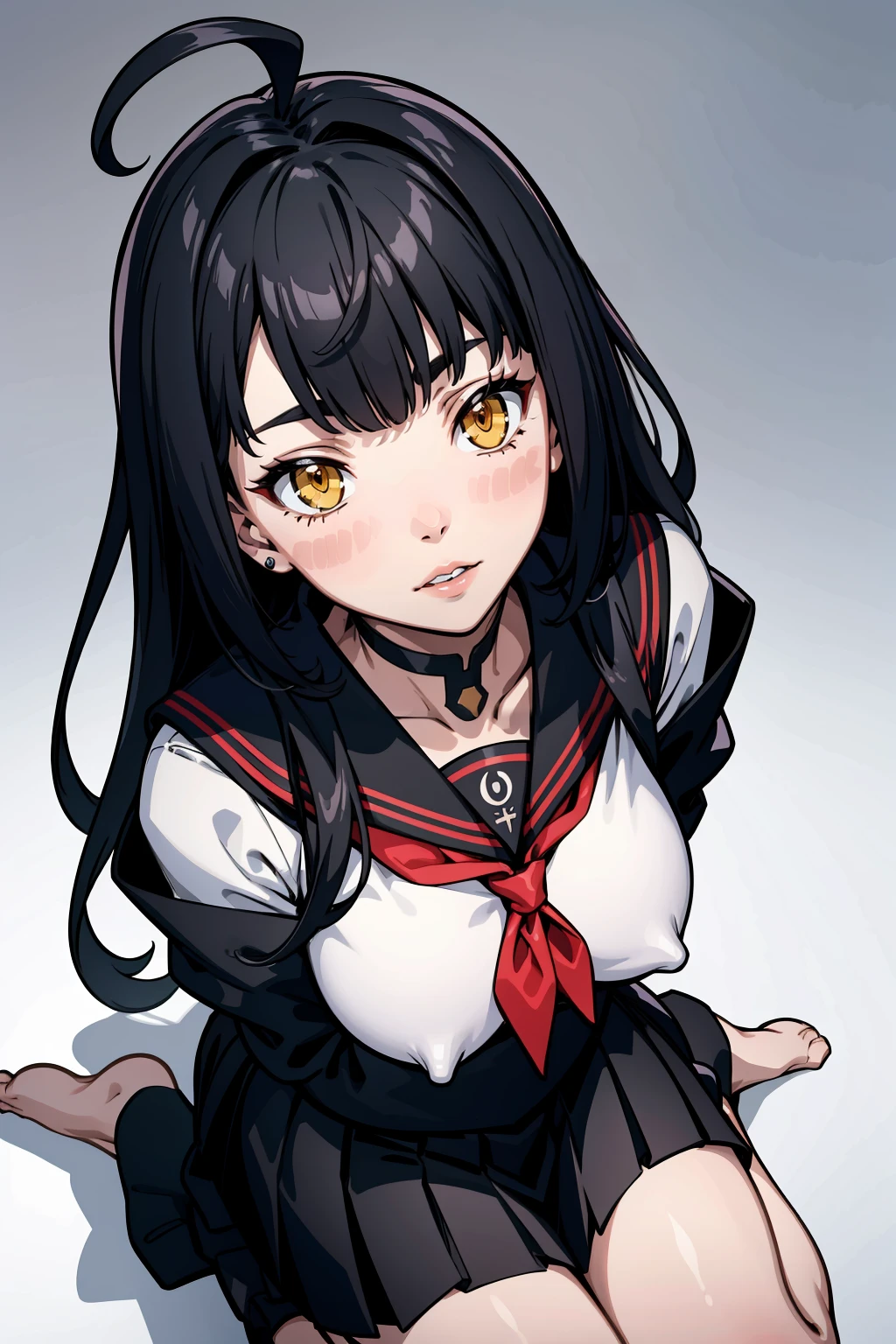 (masterpiece, best quality:1.2), (detailed skin, skin texture), best quality, (intricate detail:1.2), highres, cinematic, sharp focus, cinematic lighting, black outline,
perfect face, perfect eyes, from above, looking at viewer, sitting, wariza, smug, parted lips, 
1girl, long black hair, blunt bangs, large ahoge, yellow eyes, breasts, jewelry, sticker, simple background, gradient background, black serafuku,