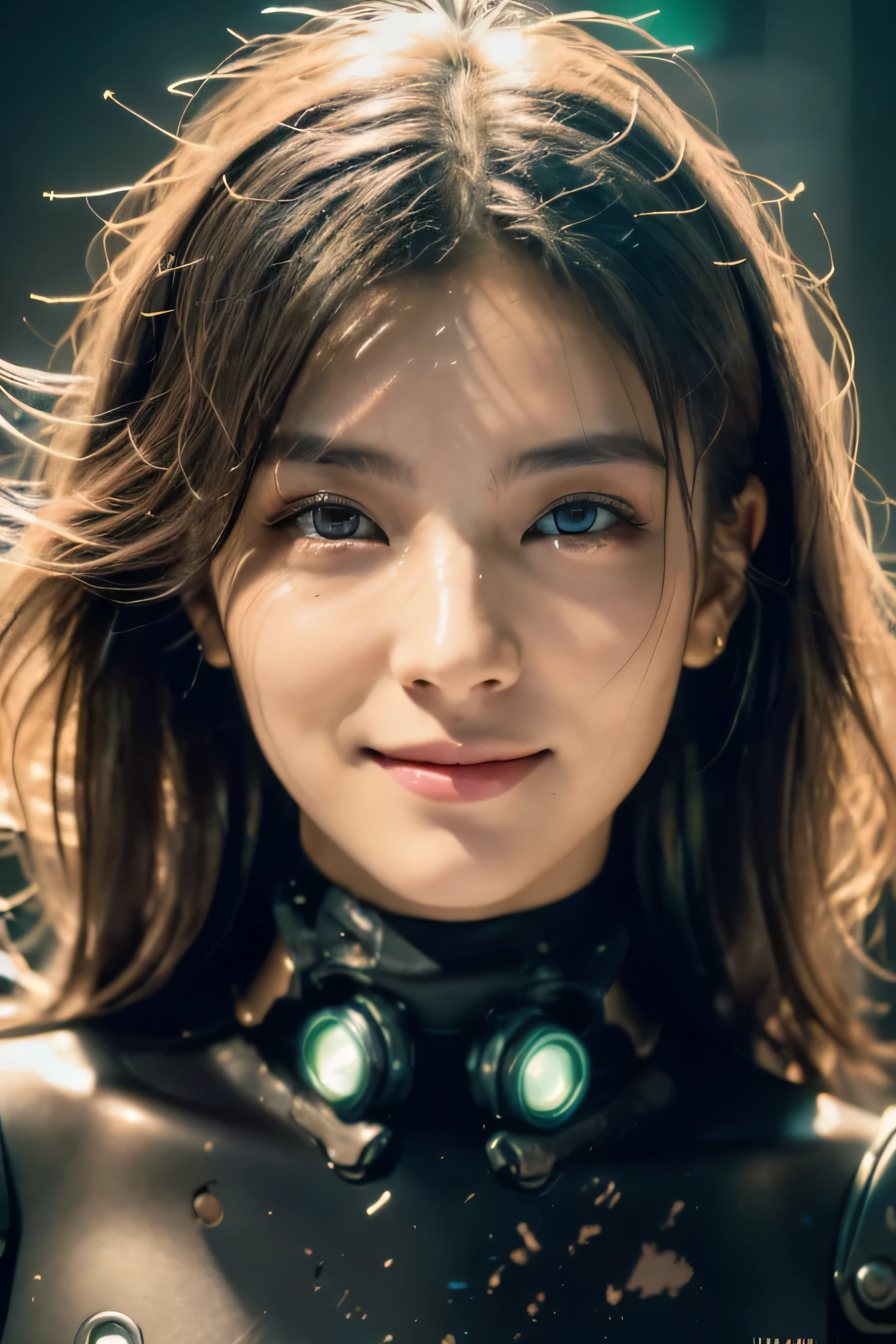 (Best Quality, Masterpiece, Ultra High Definition, High resolution, highly detailed, High Definition Face, clear pictures, HDR:1.5), (20-year-old woman:1.3), (eyes be visually in focus:1.4), (film photography style:1.5), (cyberpunk beauty, background neon sign:1.5), Popular Korean style makeup, (Glossy, highly fine breasts, shiny skin), highly detailed facial and skin texture, (beautiful eyes, light in the eyes, detailed eyes), Very smile, white skin, very Fair skin, violently fluttering hair, 