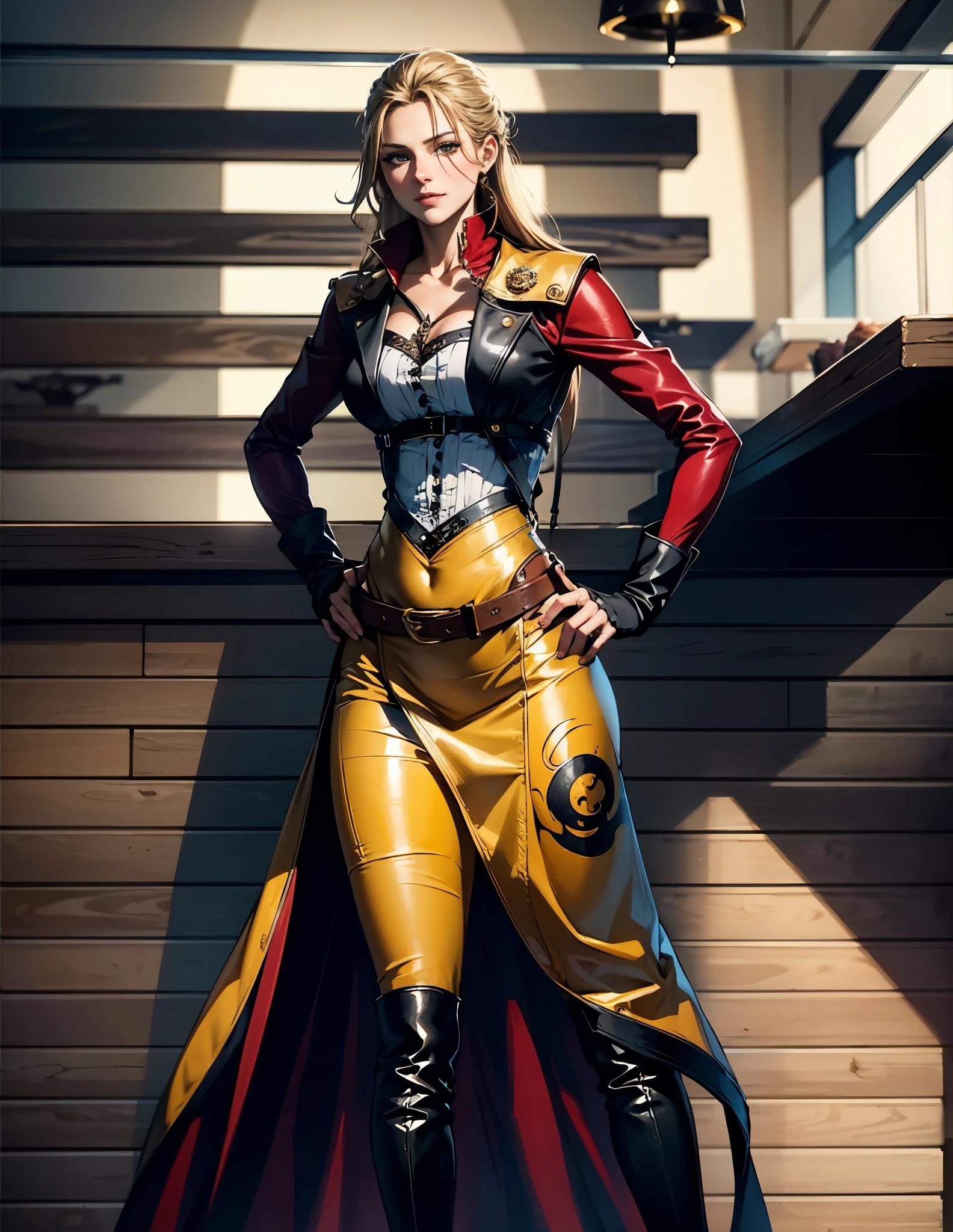 A beautiful woman with flowing orange long hair, exquisite facial features, a playful smile, confident eyes, a tall figure, a two-piece fantasy-style pirate robe coat, yellow as the main color, complemented by red accents, long wrist guard gloves on her hands, a gold belt around her waist with a short hem, leather pants, knee-high boots, standing with her hands on her hips in front of a fantasy medieval-style port tavern, this character embodies a finely crafted fantasy-style female pirate in anime style, exquisite and mature manga art style, high definition, best quality, highres, ultra-detailed, ultra-fine painting, extremely delicate, professional, anatomically correct, symmetrical face, extremely detailed eyes and face, high quality eyes, creativity, RAW photo, UHD, 8k, Natural light, cinematic lighting, masterpiece-anatomy-perfect, masterpiece:1.5