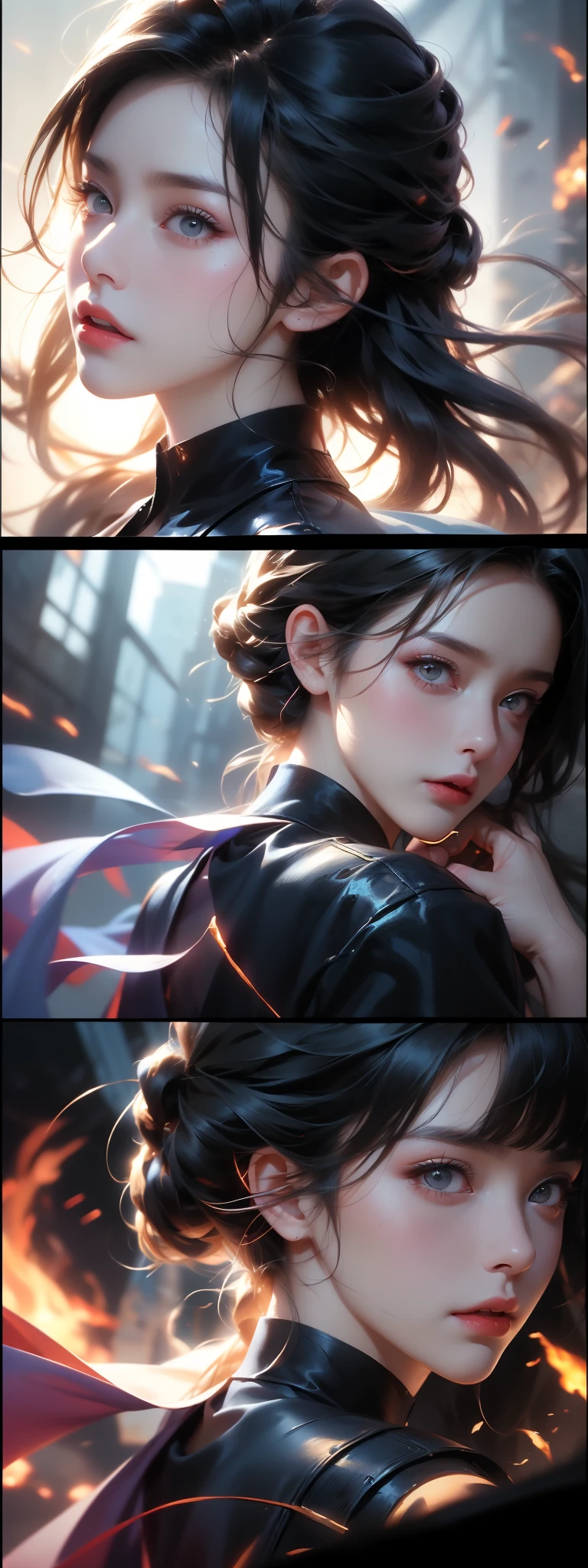 (solo girl:1.2, shot from back, dynamic pose:1.1), (Swirling Large Head:1.3), cinematic shot, dramatic lighting emphasizing shadows, texture-rich details, laser effect to add depth, best quality.