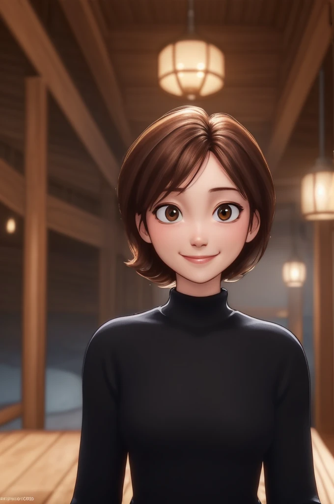 Helen Parr, obra de arte, melhor qualidade, Sozinho, cabelo castanho, Olhos castanhos, gola alta, suéter, sorriso, cabelo curto, gola alta suéter, black suéter, 1 garota, tronco, boca fechada, dentro de casa, Retrato, black suéter, 