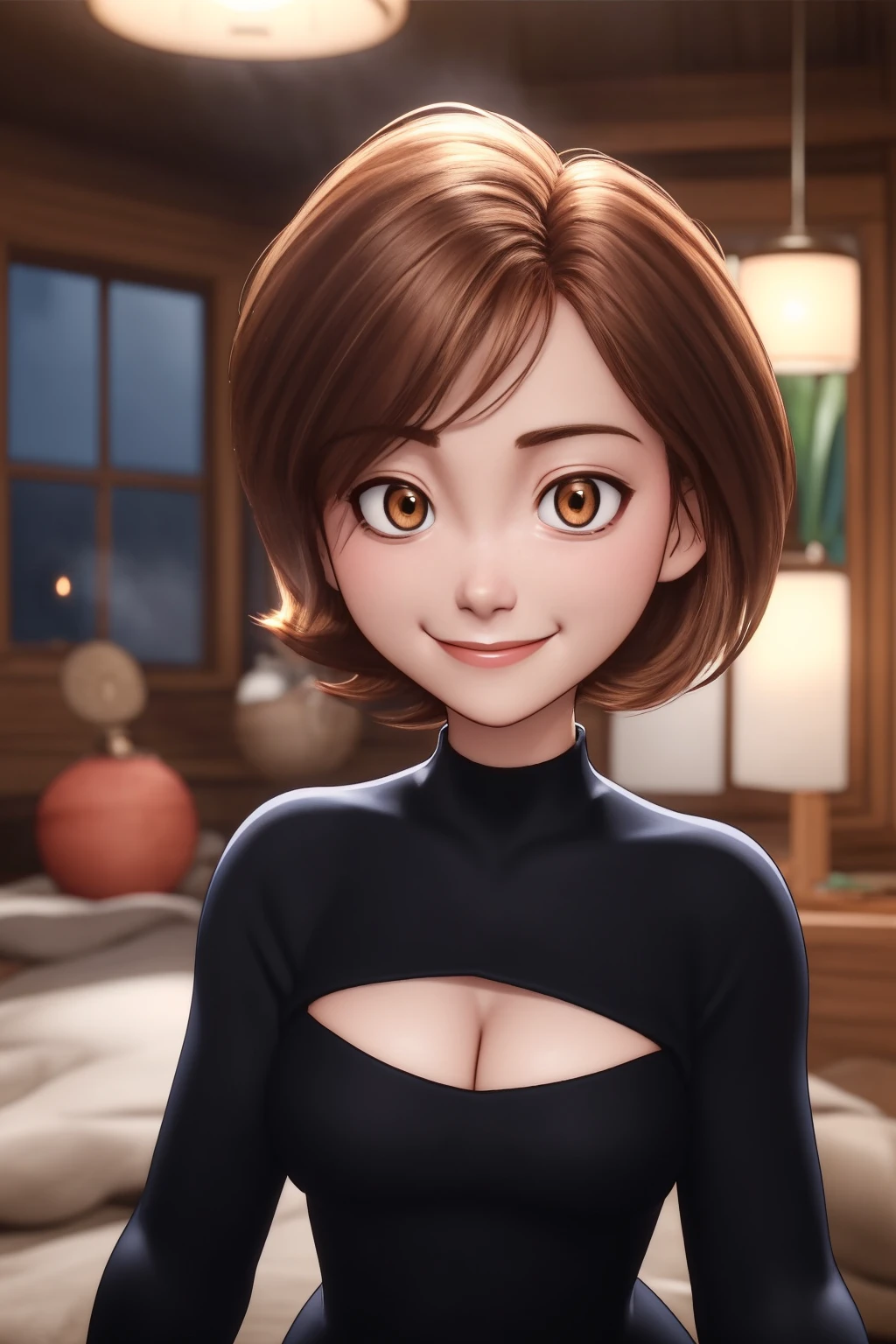 helen Cass, masterpiece, best quality, solo, brown hair, brown eyes, turtleneck, sweater, smile, short hair, turtleneck sweater, black sweater, 1girl, upper body, closed mouth, indoors, portrait, black sweater, 1girl, solo, looking at viewer, smile, short hair, blonde hair, cleavage, bare shoulders, medium breasts, upper body, choker, makeup, 