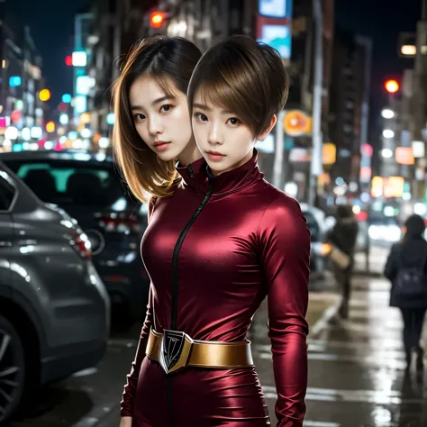 best resolution, half-body shot, , 2heads, woman with two heads,korean, diferent haircuts, pixie cut, ponytail, different hair  ...