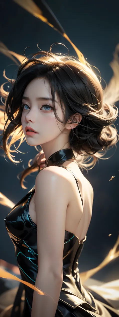 (solo girl:1.2, shot from back, dynamic pose:1.1), (Swirling Large Head:1.3), cinematic shot, dramatic lighting emphasizing shadows, texture-rich details, laser effect to add depth, best quality.