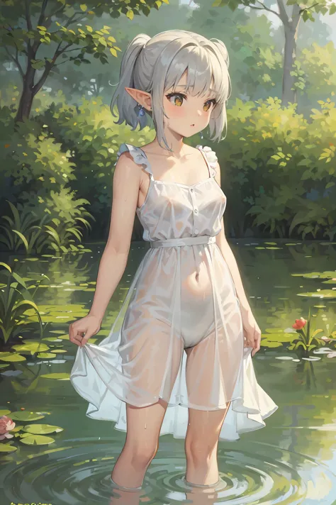 In Claude Monet style, Impressionism, 1girl, upper body focus, (white camisole dress), 14 year old, full body Esbian, short silver hair, pond, wet, ((curtsey)), elf ear, nipples through, see-through, puffy nipples, bare breasts