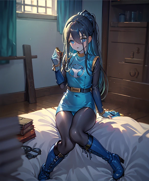 highest quality,sleep on your back in bed，Crab crotch，show me your boots，thigh high boots，leotardチラ見せ，glove，elegant, 1 girl, leotard，body suit，cute, blushed, looking at the viewer, from below, prison，blue eyes, beautiful eyes, beautiful background, particles of light, Light of the sun, dramatic lighting, outside, shiny, realistic, table top, highest quality, Super detailed, get used to it, scenery, beautiful and detailed eyes, thin hair，full body shot，