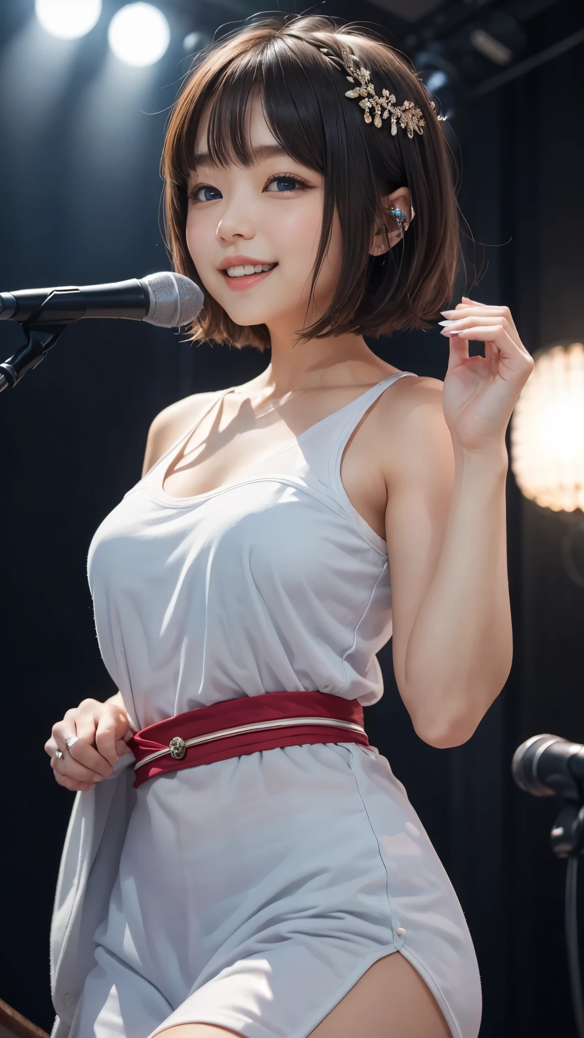 Diva en vêtements japonais、chanteur mignon、Coupe au carré cheveux bruns、yeux bleus、sourire、fille chantant joyeusement、Fond de salle en direct、Chanteuse Enka、