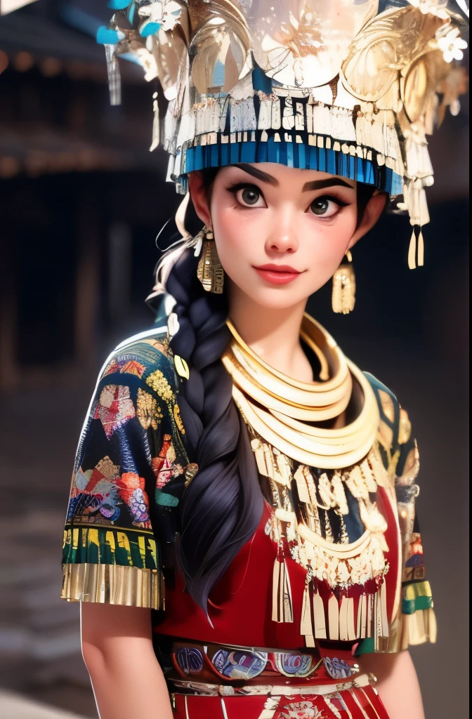 （8k，RAW photos，best quality，masterpiece：1.2））35mm，Ultra high detail，professional lighting，best quality，ultra high resolution，Visually stunning，（1girll：1.1），（Miao costume and headgear），real human skin，（Perfect body 1.3）super delicate face。