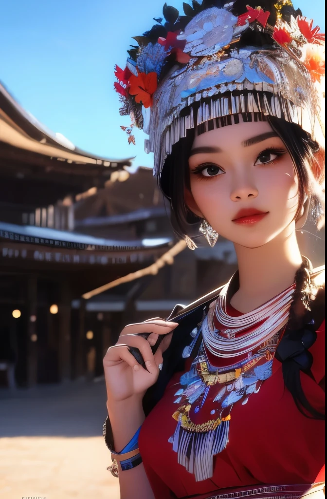 （8k，RAW photos，best quality，masterpiece：1.2））35mm，Ultra high detail，professional lighting，best quality，ultra high resolution，Visually stunning，（1girll：1.1），（Miao costume and headgear），real human skin，（Perfect body 1.3）super delicate face。