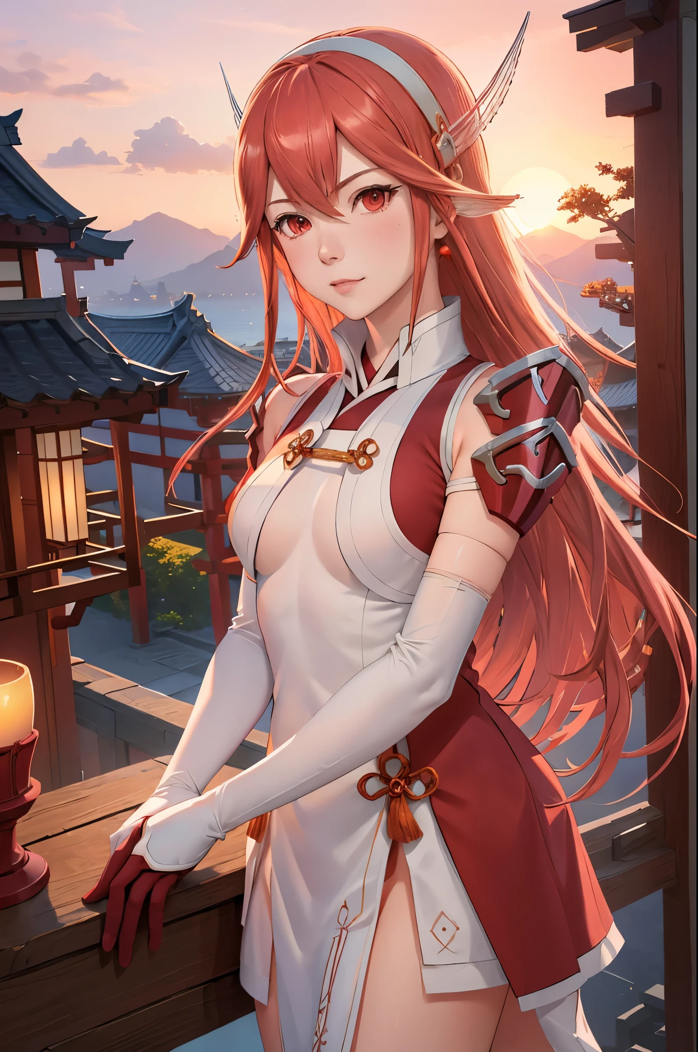 masterpiece, best quality, caeldori, hairband, hair ornament, short dress, shoulder armor, elbow gloves, upper body, japanese architecture, sunrise, pink sky, flowers, looking at viewer, slight smile 