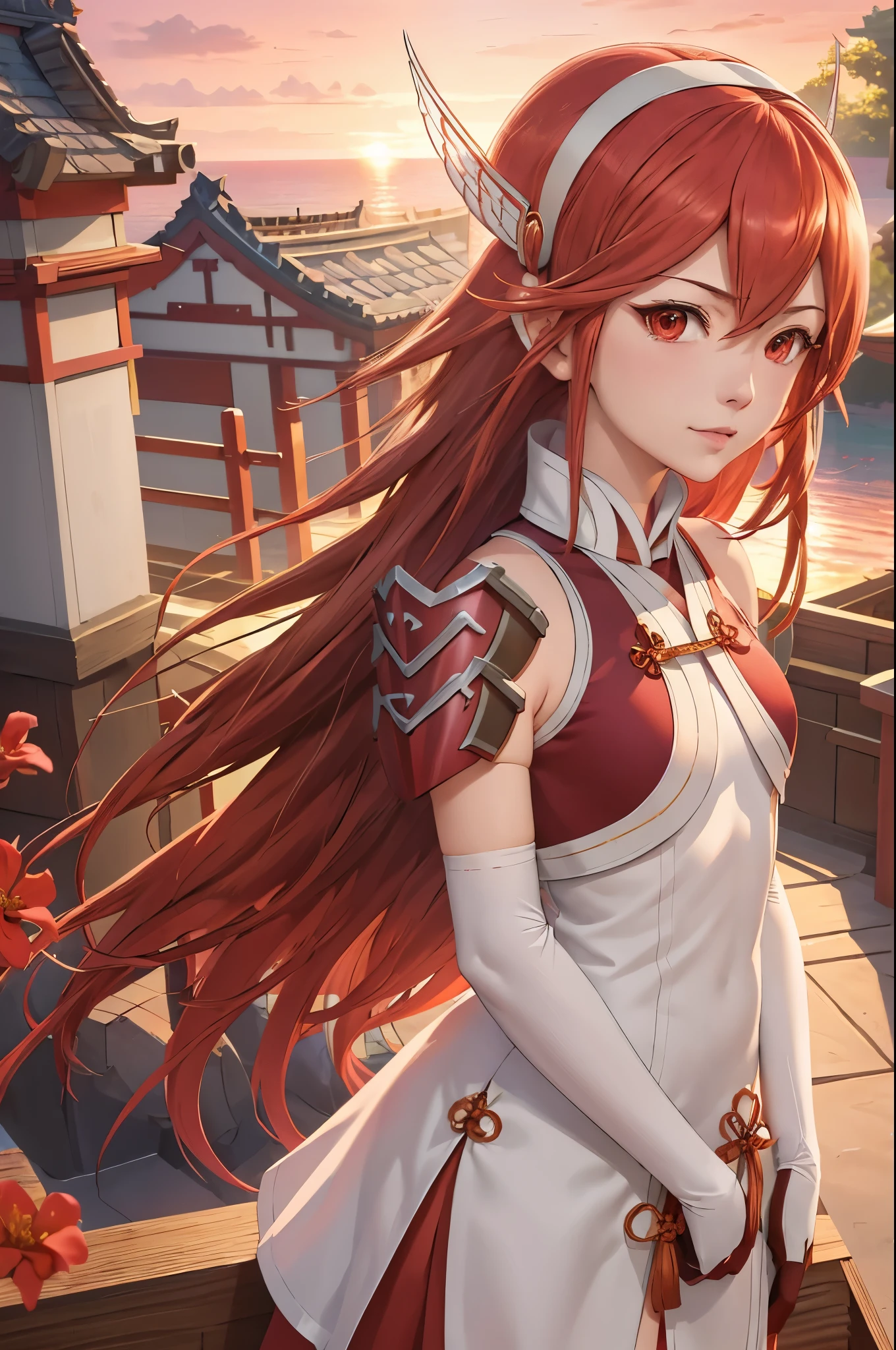 masterpiece, best quality, caeldori, hairband, hair ornament, short dress, shoulder armor, elbow gloves, upper body, japanese architecture, sunrise, pink sky, flowers, looking at viewer, slight smile 