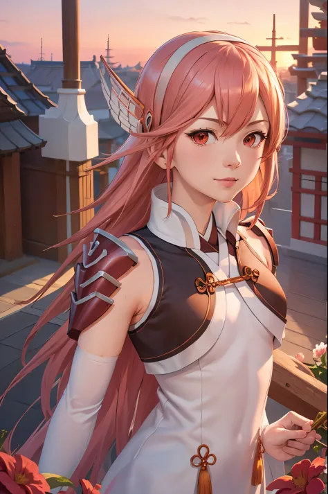 masterpiece, best quality, caeldori, hairband, hair ornament, short dress, shoulder armor, elbow gloves, upper body, japanese ar...