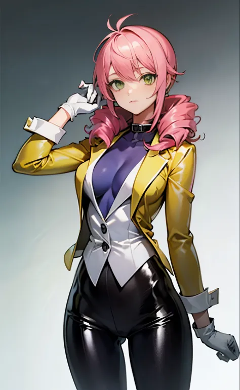 masterpiece, best quality, 1girl, drill hair, pink platinum hair, ((yellow suit:1.4)), ((white collar)), gray gloves, slender wa...