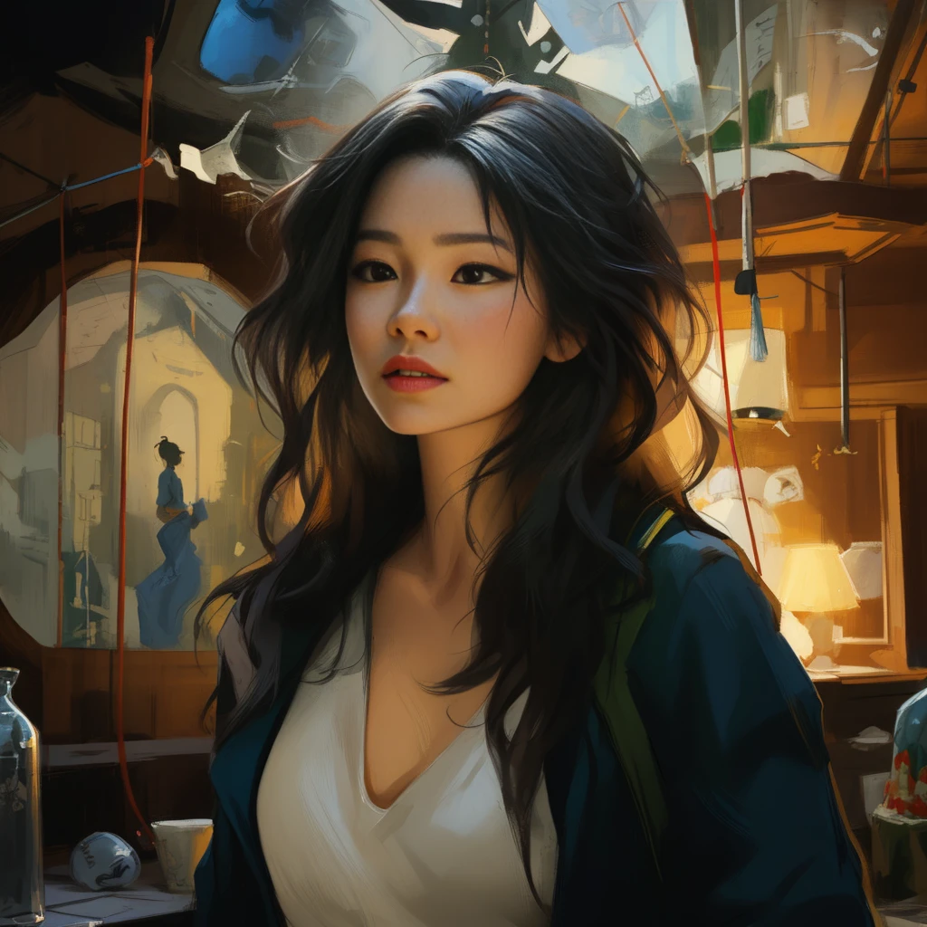 Illustration of a woman with long hair wearing a white shirt, Beautiful character drawings, by 양J, making: Zhang Han, Li Song, Works inspired by Han Young-ha, making: Chen Lin, realistic fantasy illustration, realistic oil paint, by Yesin, Wolf and Rostran, making: Zhou Wenjing, Guweiz style art work