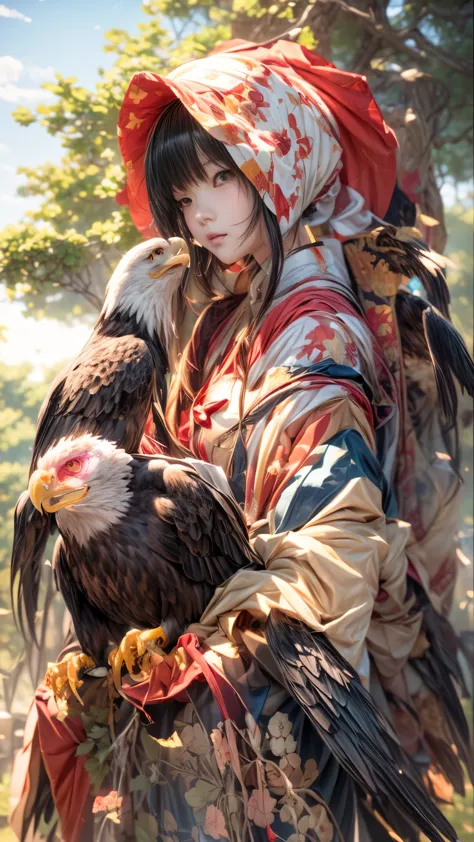 anime girl with a eagle on her arm and a eagle on the top , kawacy, by Kamagurka, by Yang J, beautiful anime artwork, trending o...