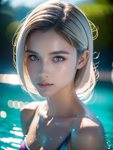 Ultra-realistic photos stunning anthropomorphic female beautiful and gorgeous, wearing a swimming wear, Located by the lake, Whi...
