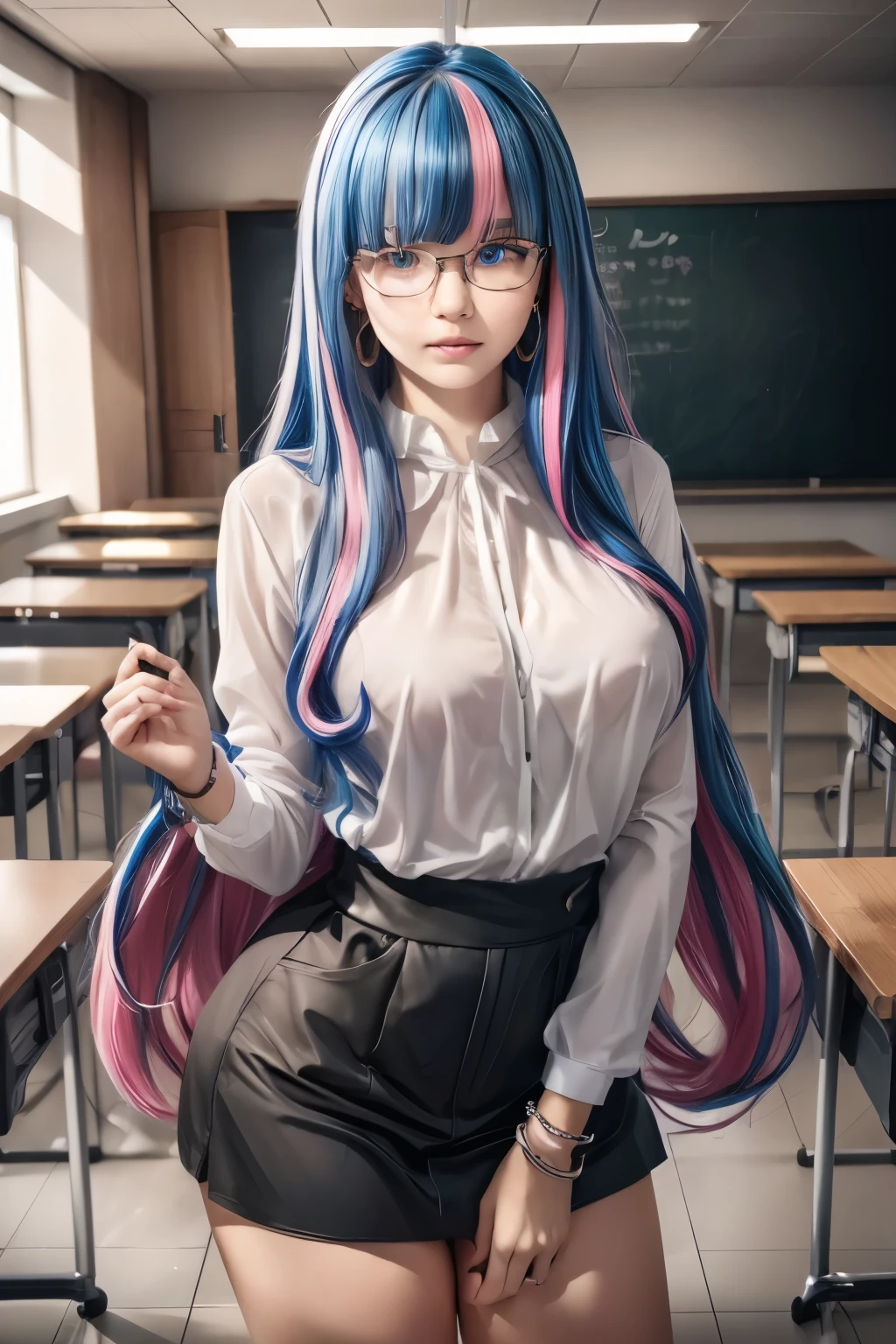 1girl, eida, long hair, bangs, blue eyes, very long hair, blue hair, pink hair, multicolored hair, earrings, blunt bangs, two-tone hair, streaked hair, ,glasses, lips, figure, suit blazer, no shirt underneath, in a classroom building, bracelet, parted lips, realistic, ultra detail, 70mm lens.