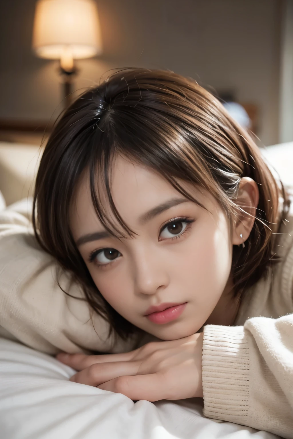 cute 21 year old japanese、night、on the bed、sweat pajamas、Cute colorful pajamas、super detailed face、An eye for detail、double eyelid、beautiful thin nose、sharp focus:1.2、Beauty:1.4、(light brown hair、short cut hair、white skin、highest quality、masterpiece、ultra high resolution、(Photoreal:1.4)、No exposure、