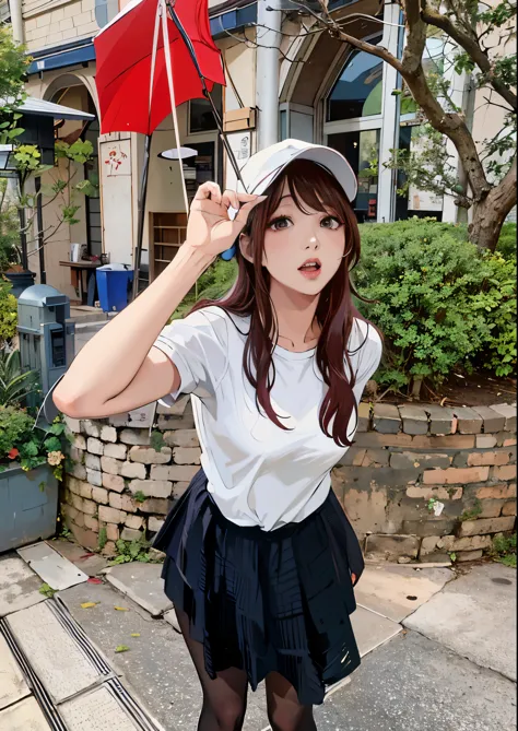 An arafi woman wearing a white shirt and black skirt and holding a red umbrella, Chiho, Ulzzang, Bae Suzy, motto hole, Yoshitomo...