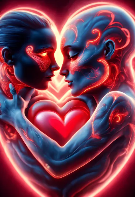 （Man giving woman huge glowing red heart），（An anatomical heart beats with red light in the center of the frame.：0.85），（Tom Hardy and Audrey Hepburn）（Hug face to face，share a huge heart），Black light art，sharp focus，Toned muscles，Background human upper body ...