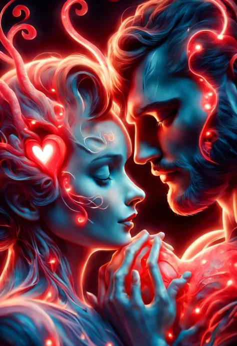 （Man giving woman huge glowing red heart），（An anatomical heart beats with red light in the center of the frame.：0.85），（Tom Hardy and Audrey Hepburn）（Hug face to face，share a huge heart），Black light art，sharp focus，Toned muscles，Background human upper body ...