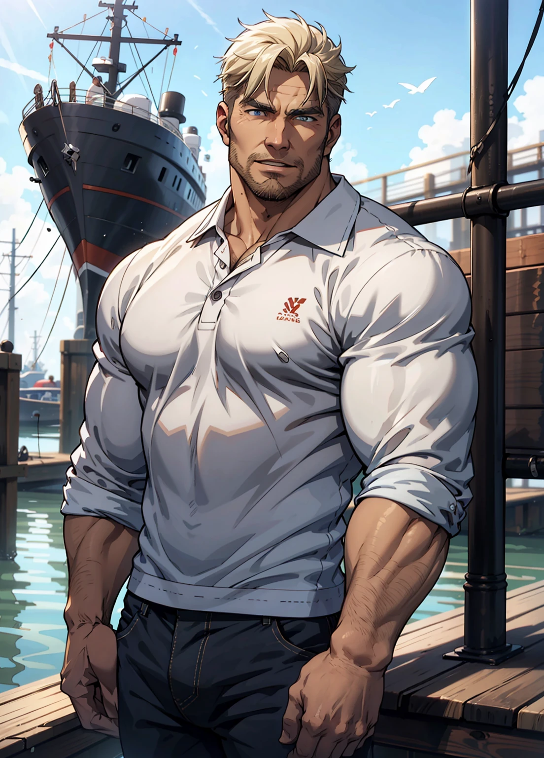 ((pixiv)), (((trending on ArtStation))), (masterpiece), (best quality), anime, soft and hard shadows to define the muscle structure, Detailed texturing, subtle skin tone, Sophisticated shading, (skin gradients), three-dimensional shadow, digital artwork, (mature_male) in his 40s, hands holding hips, with a light_brown skin, rugged, tall and imposing, medium length hair, thin beard, pants, navy tattoo on arm, manly, solo, parted bangs, combed back hair, face wrinkles, strong jawline, slight smile,  (blue_eyes), blonde hair, full_body_shot, Male focus, outdoors, standing on the ship docks, boats and yacht in the background, natural pose, polo shirt, organic_tones, skin_toned_lines, cowboy_shot_wide