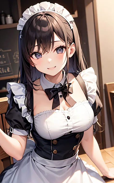 beautiful girl、Maid Cafe、Maid clothes、Upper body is shown、Dazzling smile、