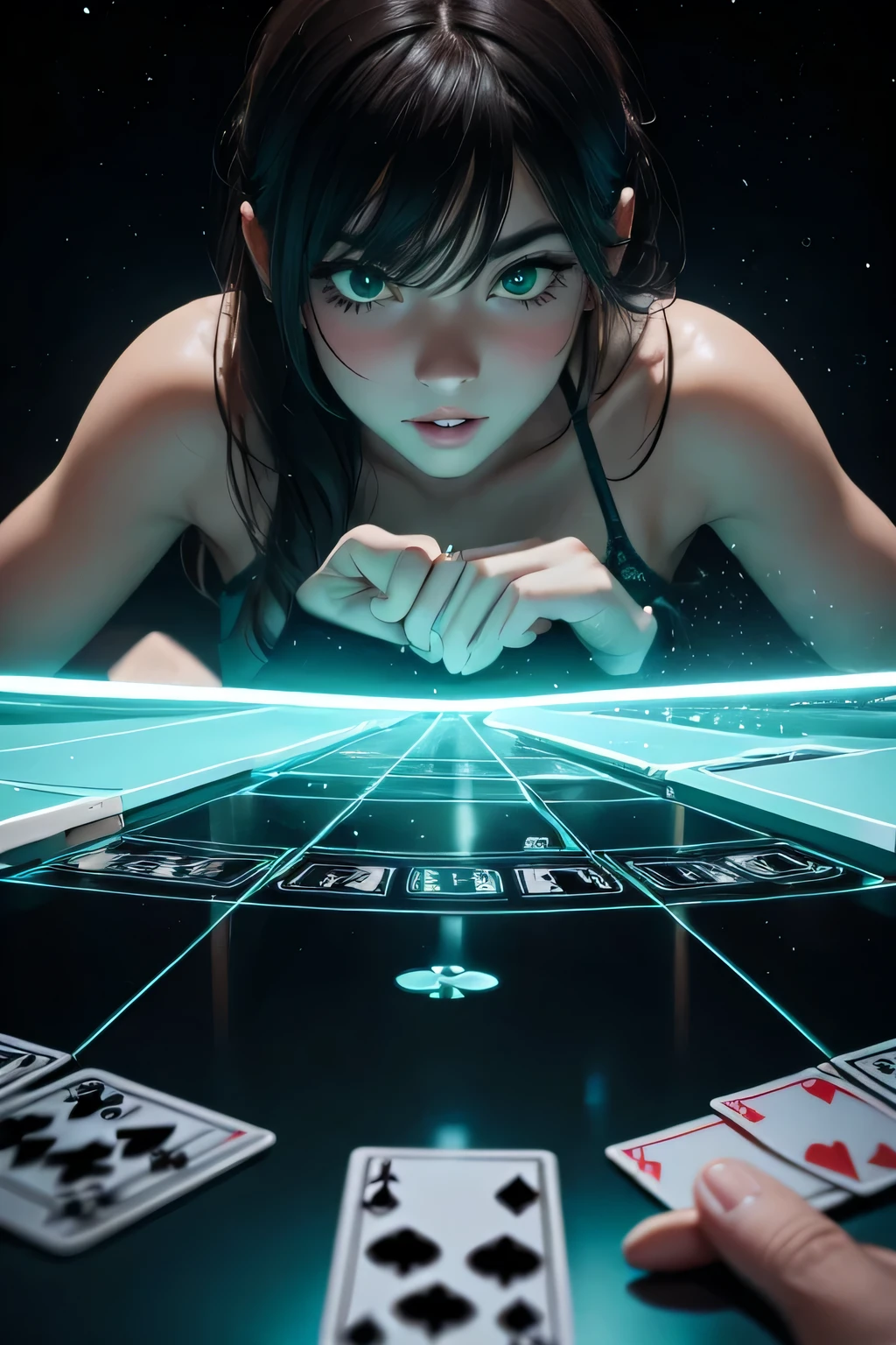 a line of many playing cards in gray rock and green neon, conrtneo, intricate details (vertically floating: 1,2) on a smooth black mirror surface, reflections, volumetric lighting, 8k uhd, ultra-sharp, ultra-detailed